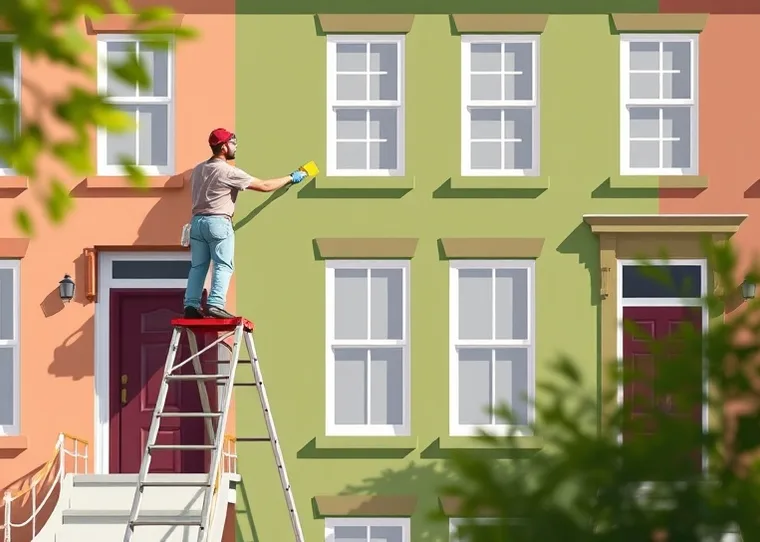 Peintre sur échafaudage traitant la façade d'une maison
