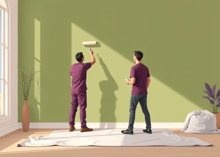 Peintre appliquant la peinture au rouleau sur un mur de salon